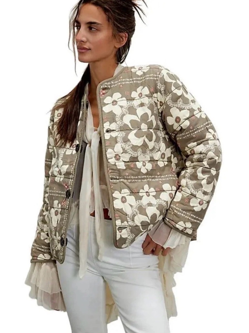 Free People We The Free Zazu Reversible Liner Quilted Jacket Taupe Moss
